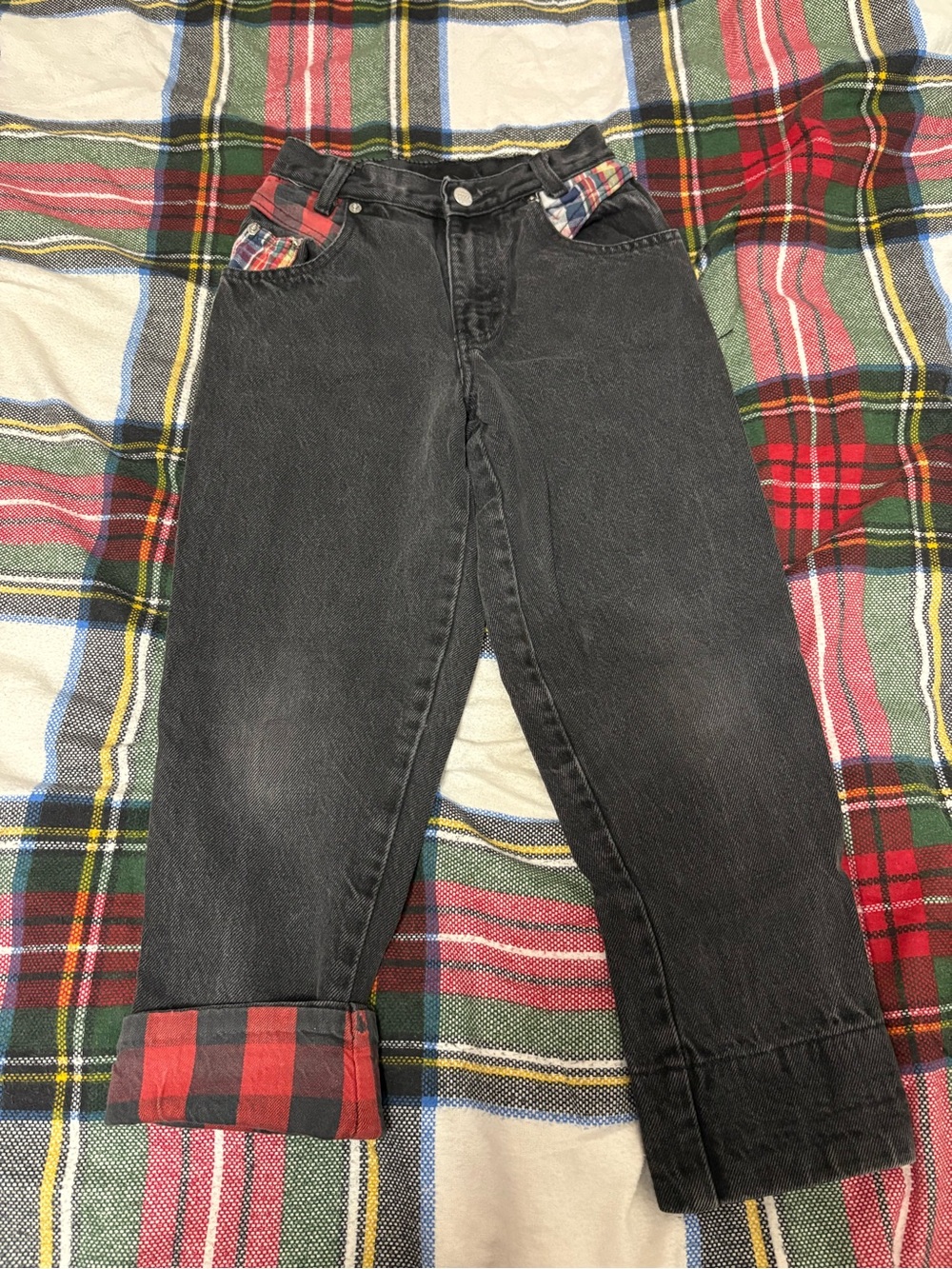 Vintage Paris Sasson kids black plaid jeans 9.5in waist, 20.5in inseam